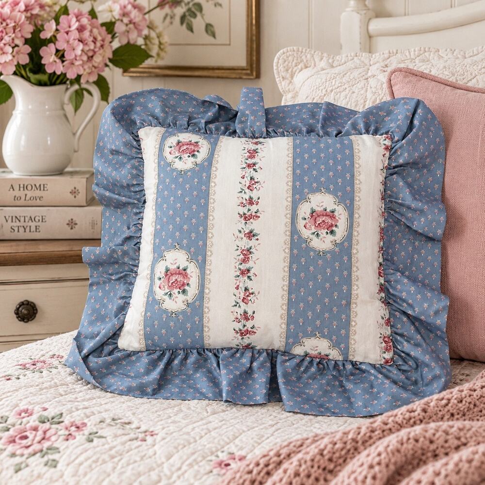 Vintage Floral Ruffle Throw Pillow Blue Pink Rose Cottagecore Shabby Chic